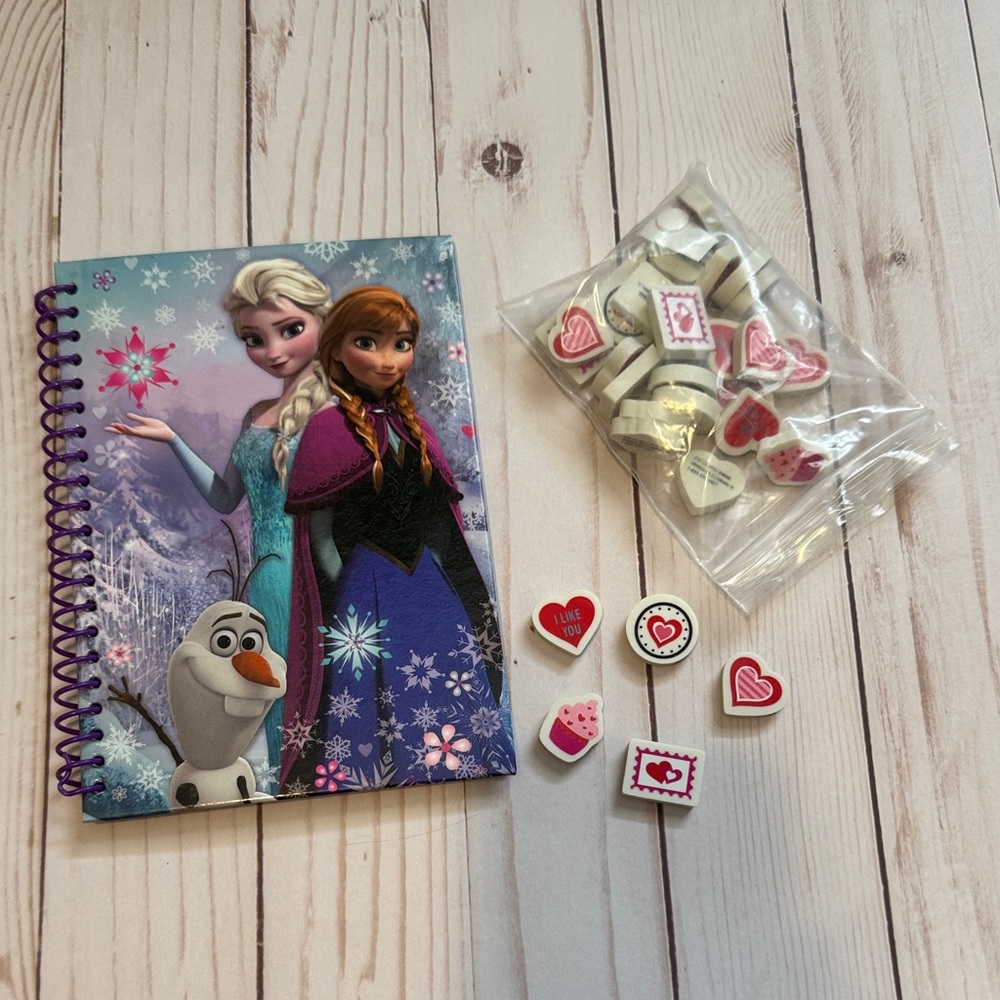 Disney Frozen Spiral Notebook with Elsa & Anna - Purple Blue and erasers